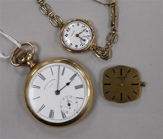 A Waltham gold plated pocket watch, a ladys 9ct gold Rolco and a Longines movement and dial.